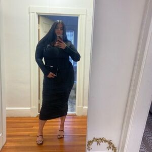 Bodycon Maxy Dress Long Sleeve Deep Spoon Neck Solid Black DRESS XL